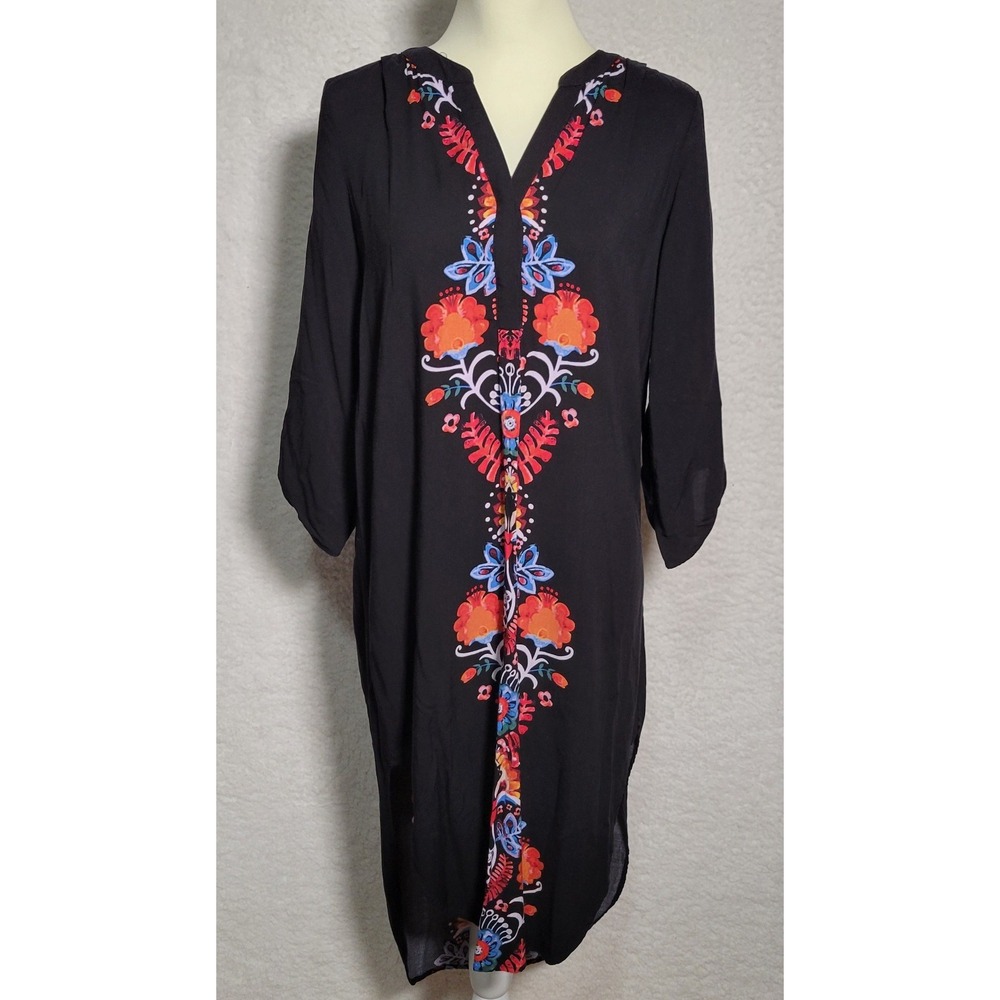 Cupio Black Floral Dress Medium Womens 100% Viscose V‎ Neck 0358